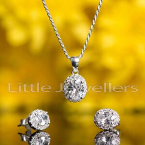 This trio features a silver pendant and matching ear studs on a delicate silver rope chain necklace.