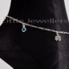 This anklet is made of a flawless silver chain and is embellished with three elephant charms and two tiny aqua marine cz stones to form a single cohesive design.